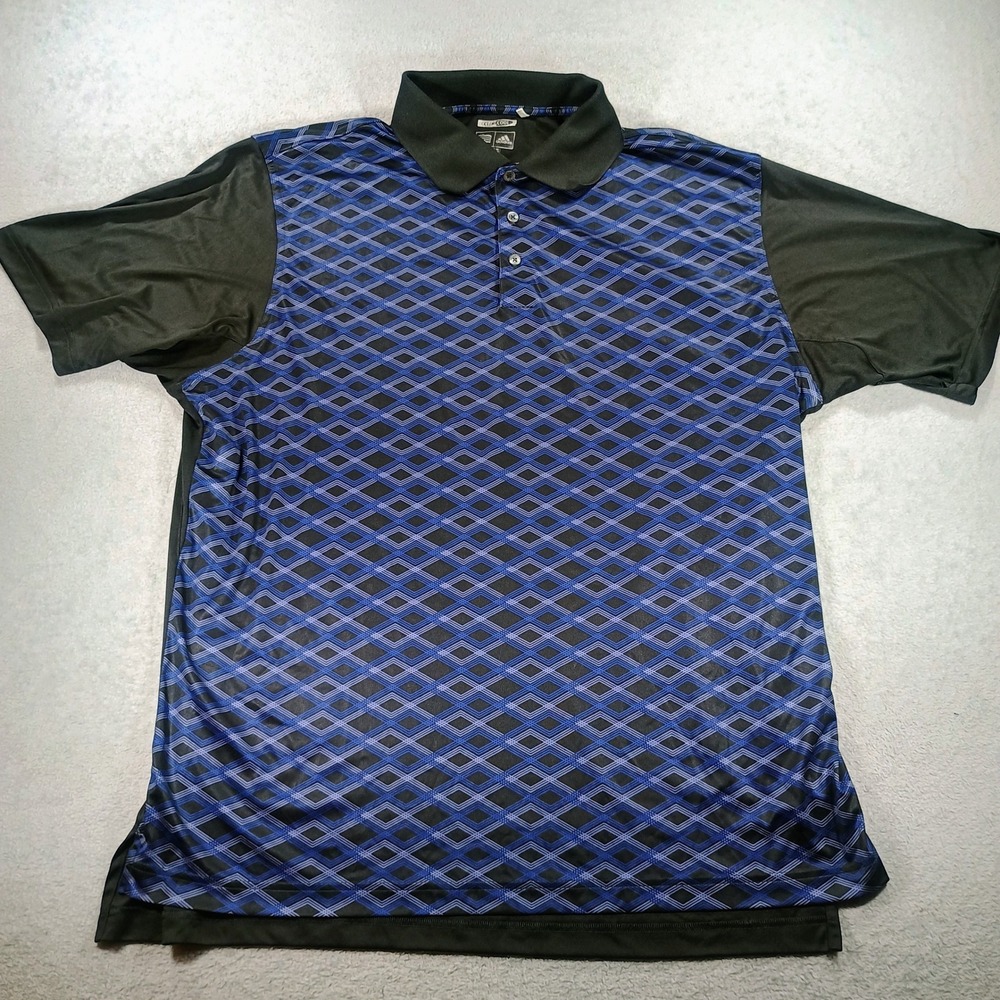 Adidas Mens ClimaCool Polo Black Blue XL Geometric Diamond Print Golf‎ Shirt